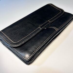 Fossil Black Pebbled Leather Trifold Wallet, Contrast Stitching